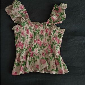 Hill House Pink and Green Floral Smocked Blouse